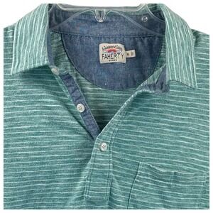 Faherty Brand Mens Medium Green Striped Short Sleeve Slub Polo Cotton Blend